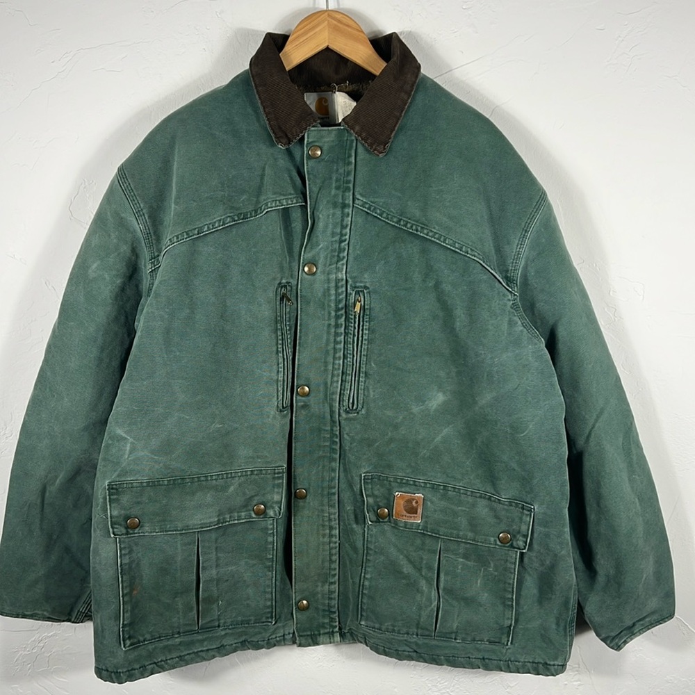 🔥Vintage 1998 Carhartt Olive Green Chore Denim Jacket Blanket Lined Coat XL -EUC